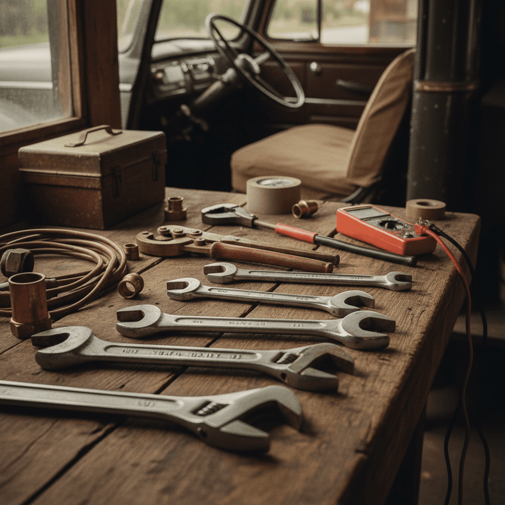 Well-organized plumbing tools and equipment on work surface