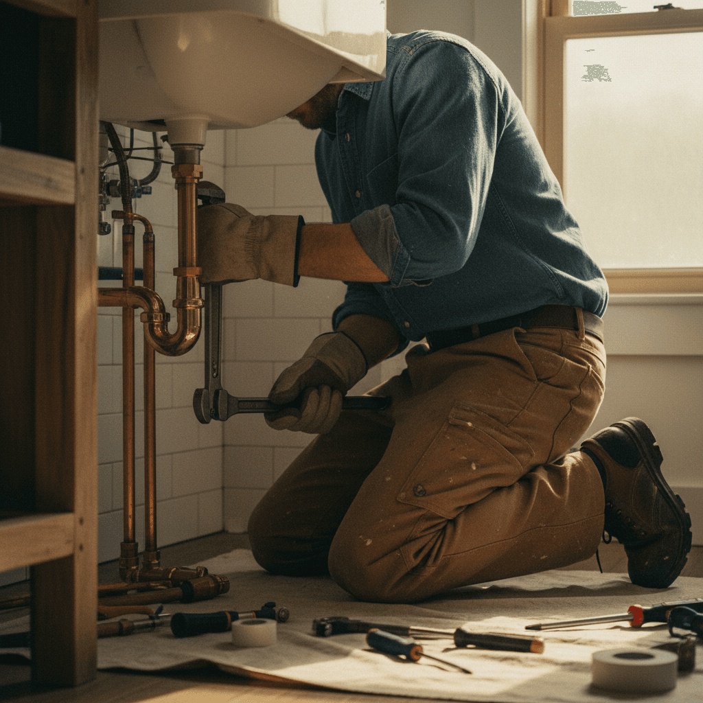 Plumber examining pipes under a sink with precision tools
