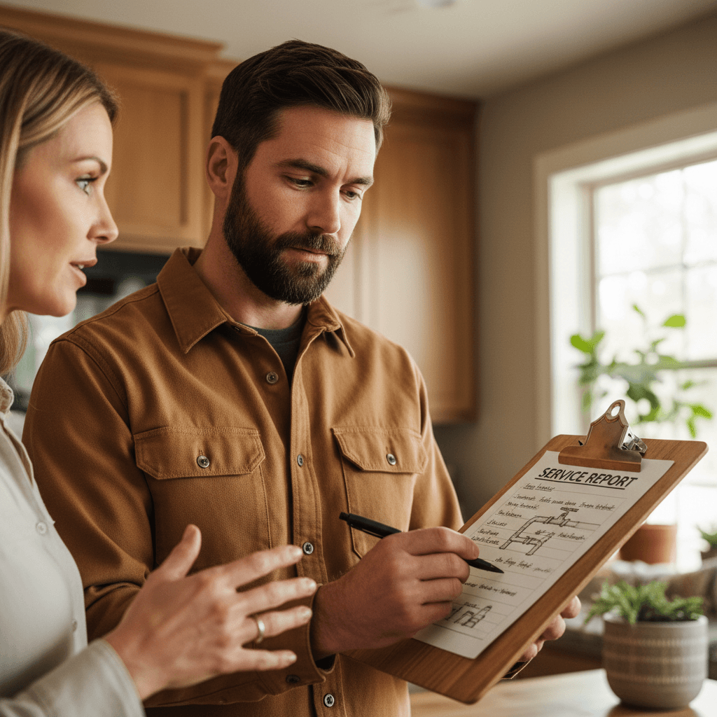 Plumber documenting service details and communicating with customer