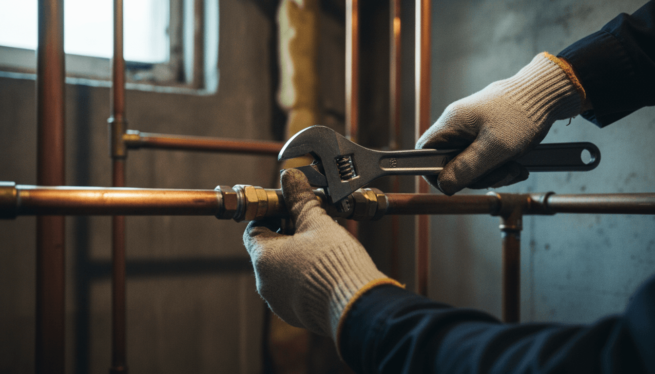Plumber tightening brass fitting on copper pipe