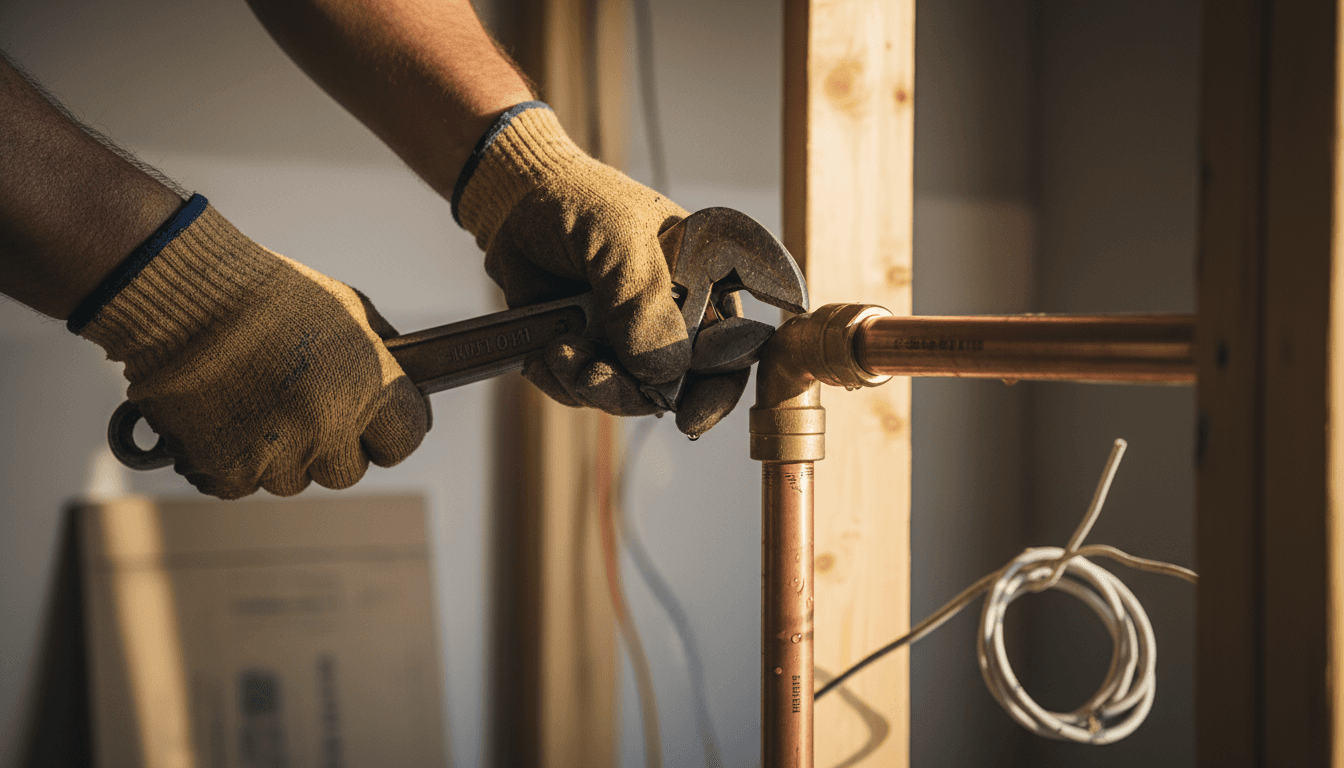Plumber installing copper pipe fitting with precision wrench work