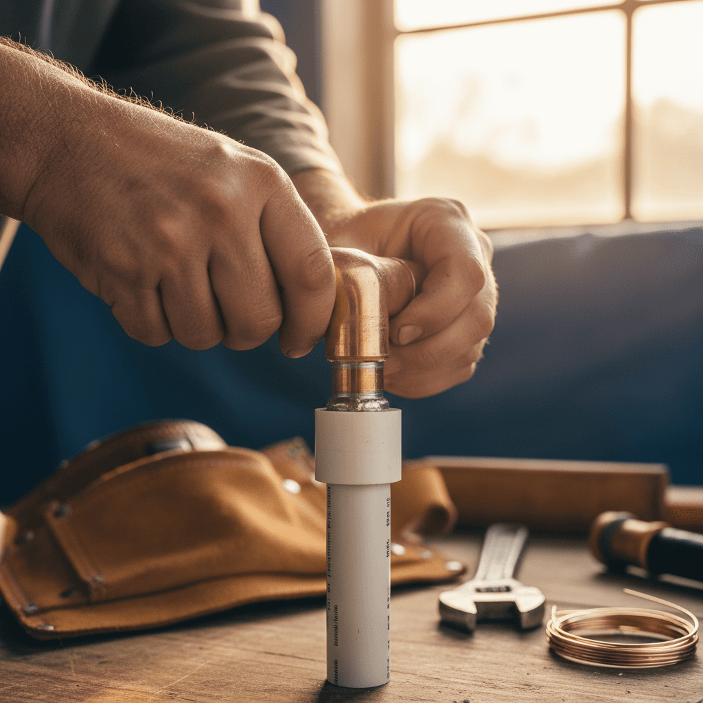 Plumber inspecting code-compliant pipe connections and fittings