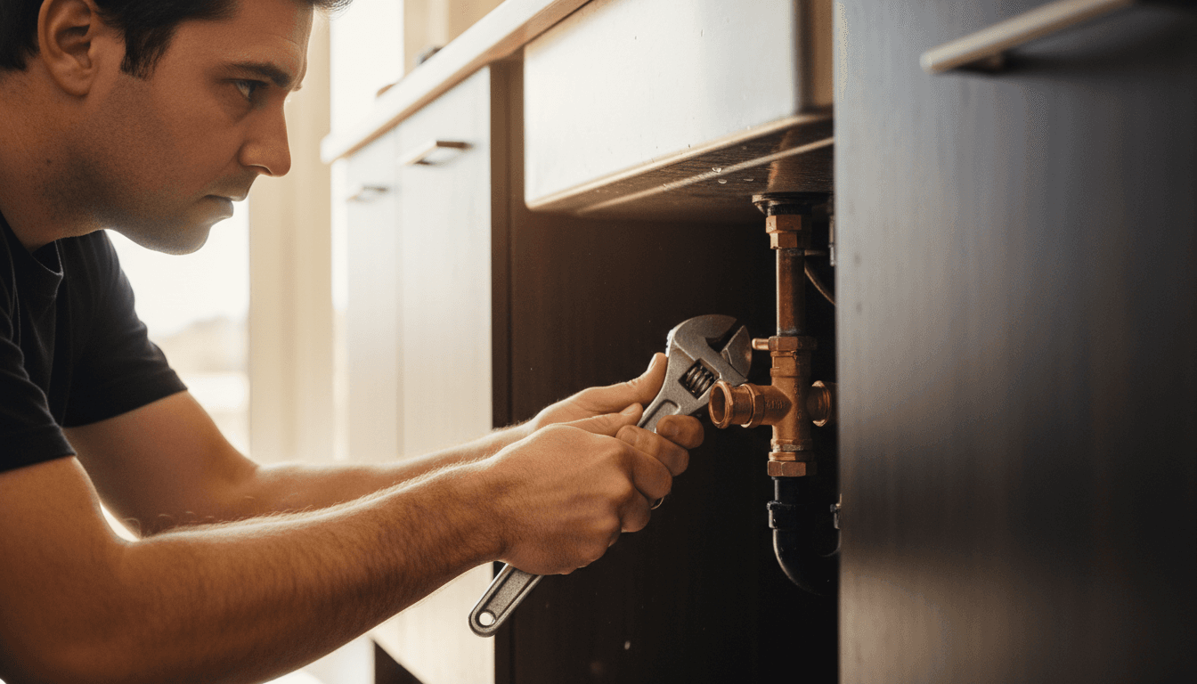 Plumber installing water shutoff valve under kitchen sink with precision and focus