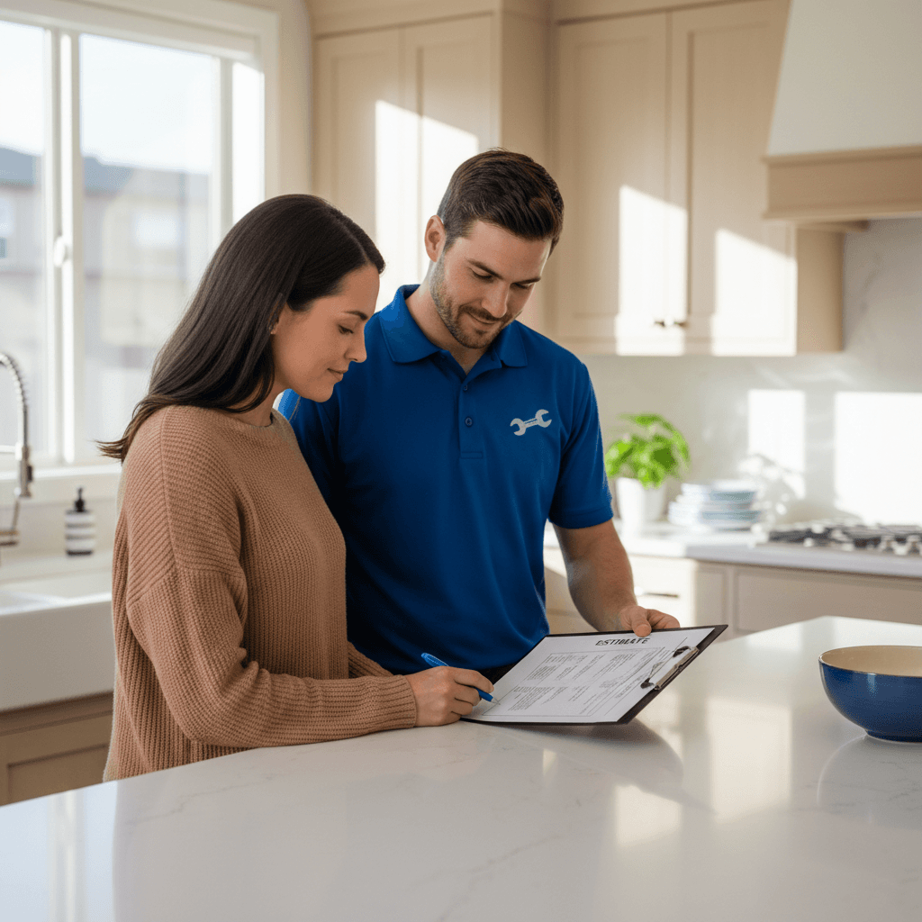 Plumber discussing a clear service estimate with homeowner