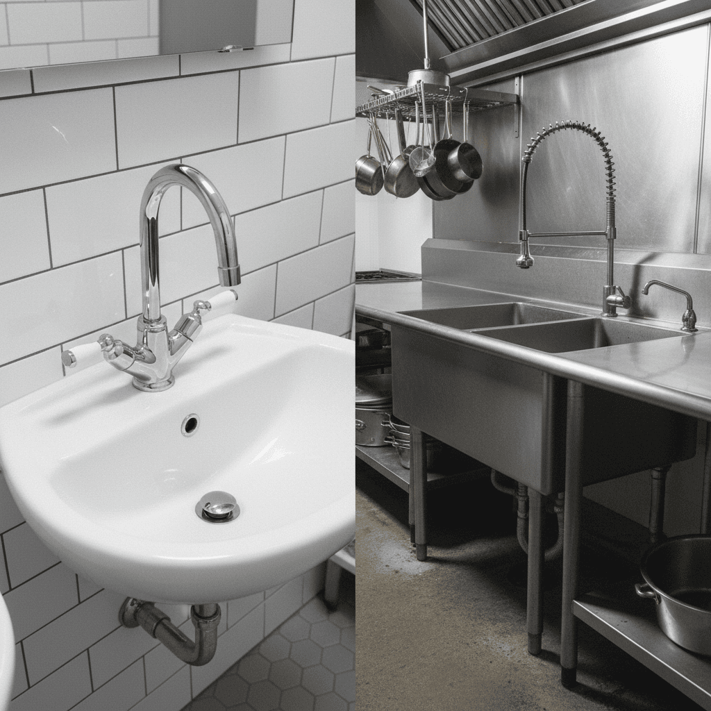 Residential and commercial plumbing installations side by side