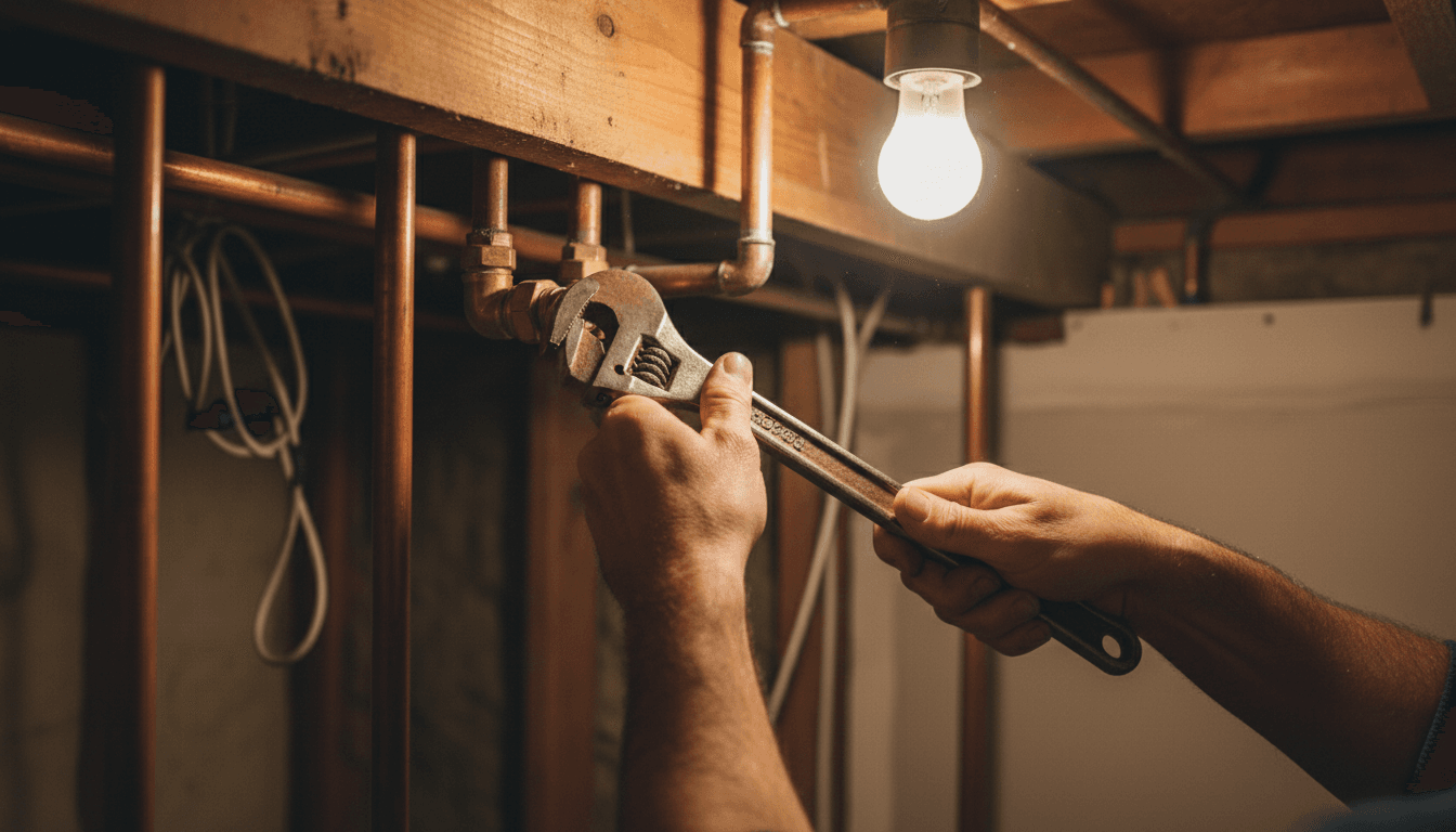 Plumber tightening copper pipe fitting with wrench during installation
